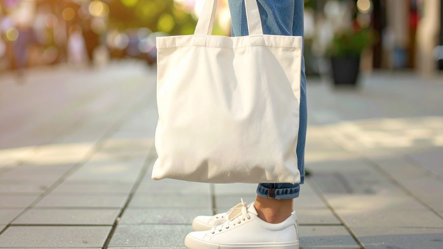student in a campus with a reusable bag