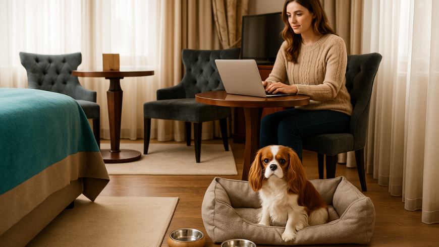 pet friendly hotel with a  bowl of fresh water for the dog