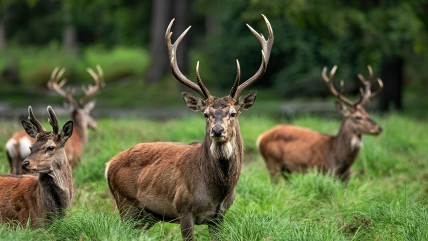 Four deers in a field, one of them is looking right into the camera