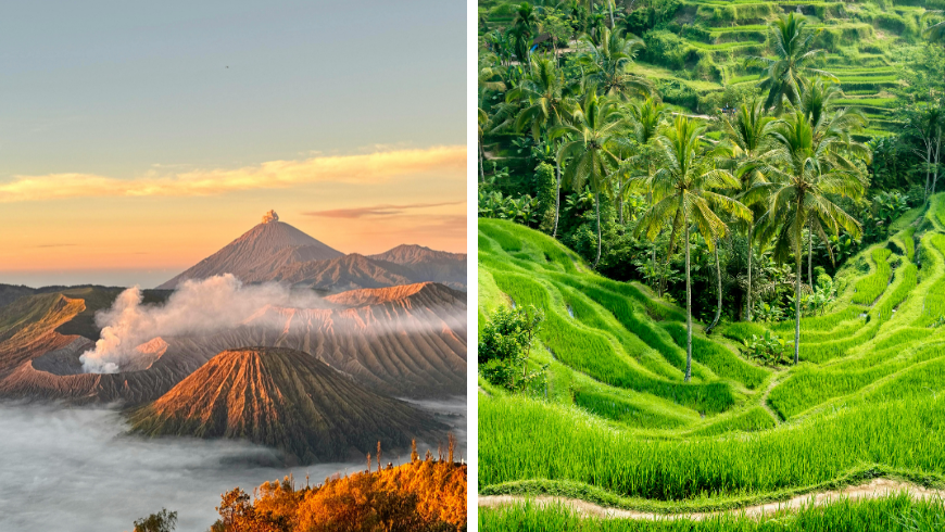 Majestic Sunrise Over Mount Bromo, Indonesia / volcano / green terraces / green rice fields The Tegallalang Rice Terraces in Bali, Indonesia
