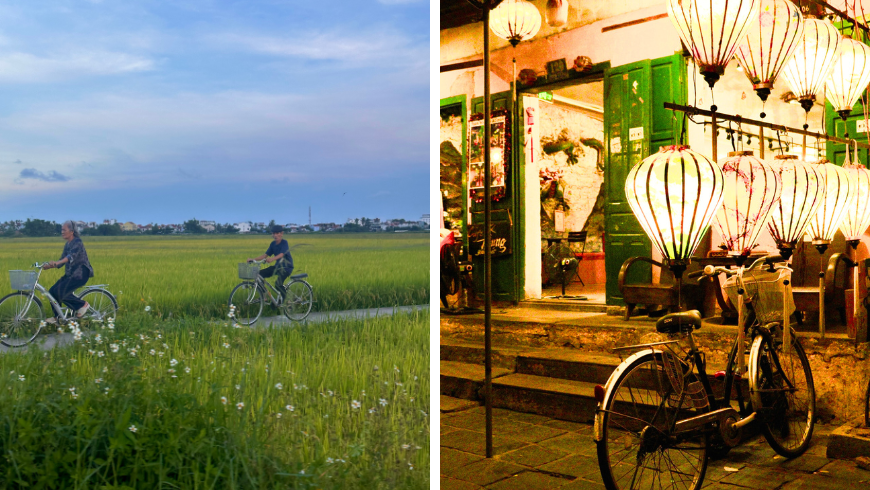 Couple riding bikes in the rice fields, Hoi An, Vietnam
Bike and lanterns in the Old Town, Hoi An, Vietnam