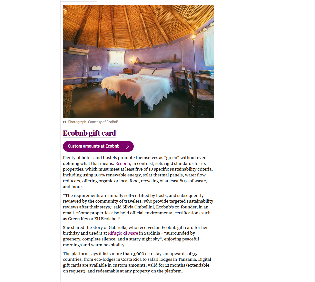 Ecobnb Gift Cards among The Guardian’s recommended sustainable gifts