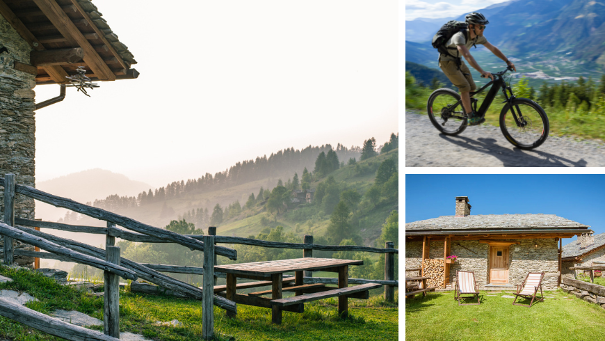 Digital nomad with a bicycle at a round wooden eco-lodge in Valle Maira, surrounded by nature and sustainable architecture
