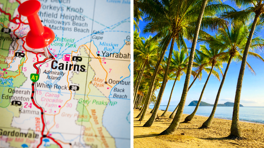 Cairns map in Australia and Palm trees on the beach in the cairns coastal beach