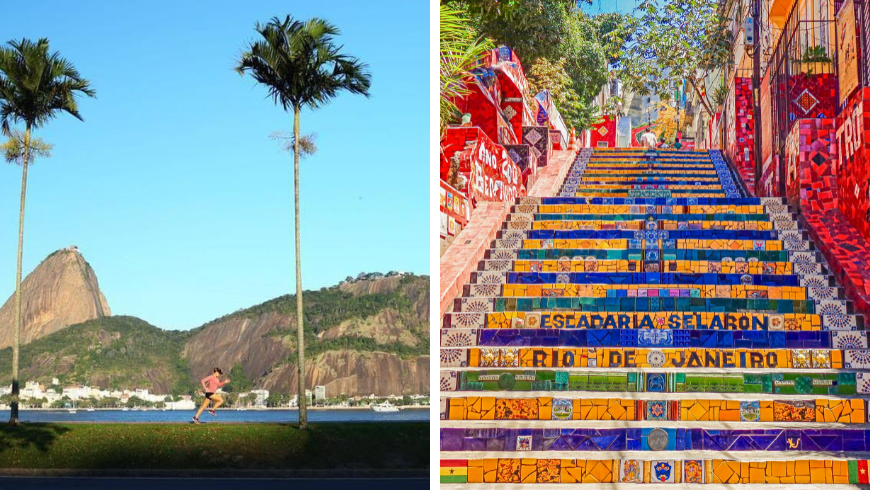 Runner running in the street next to the beach and moutains in Rio de Janeiro, Brazil. Colourful and famous stairs in Rio.