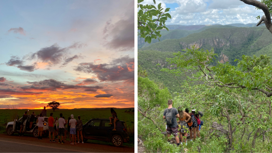 Group trip by the cars to see the sunset and group of people in the middle of the trail in Chapada dos Veadeiros