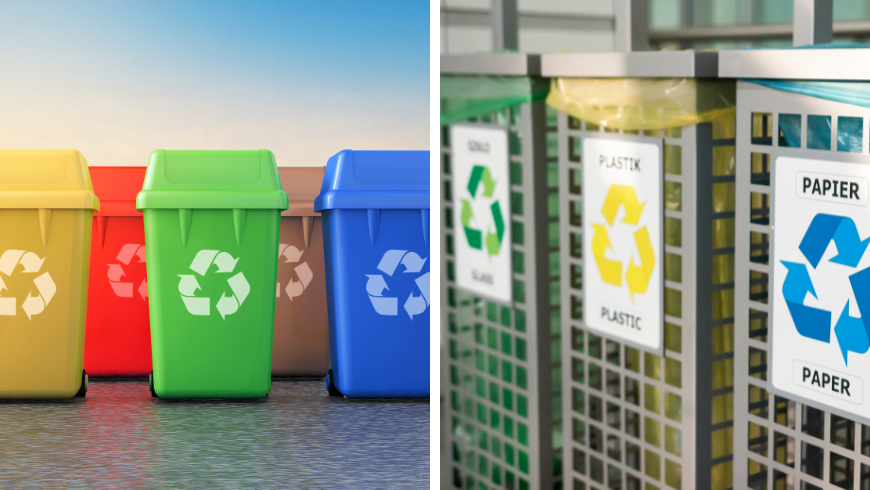 Plastic Containers for Garbage of Different Types and Recycling concept. bins for different garbage. Waste management concept. Waste segregation. Separation of waste on garbage cans. Sorting waste for recycling. Disposal waste. Colored bins with trash.