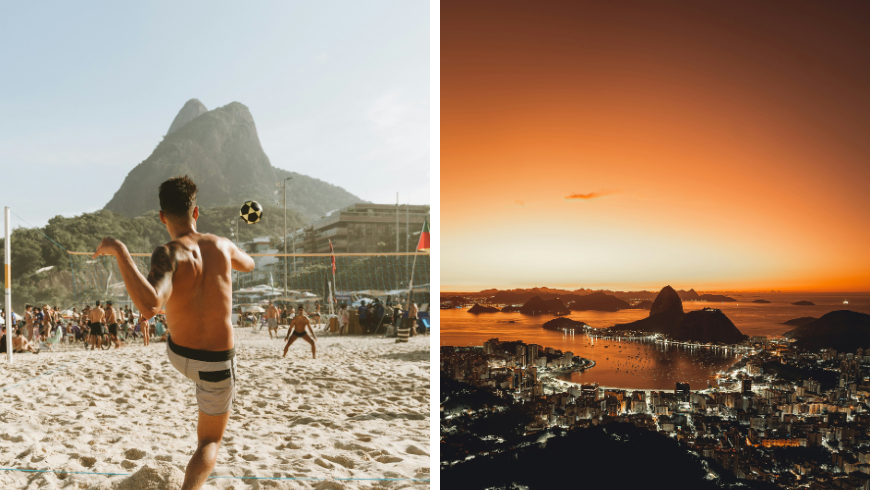 Soccer in the beach in Rio de Janeiro, Brazil. And city at night, sunset, lights, moutains and sea.