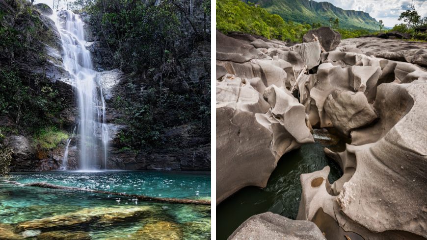 Clear and blue waterfall in Chapada dos Veadeiros. Vale da Lua rock formation
