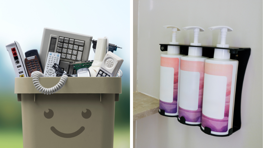 Smiling waste bin full of e-waste and Dispenser with three bottles in a bathroom or setting.