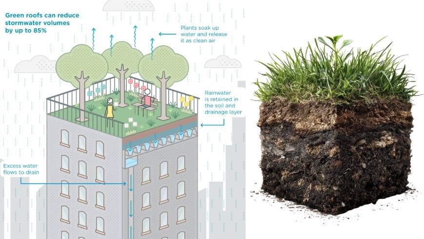 Layers of green roofs in sustainable buildings showing soil and drainage pipes. A cubic block of soil with grass growing from the top, revealing different soil layers.