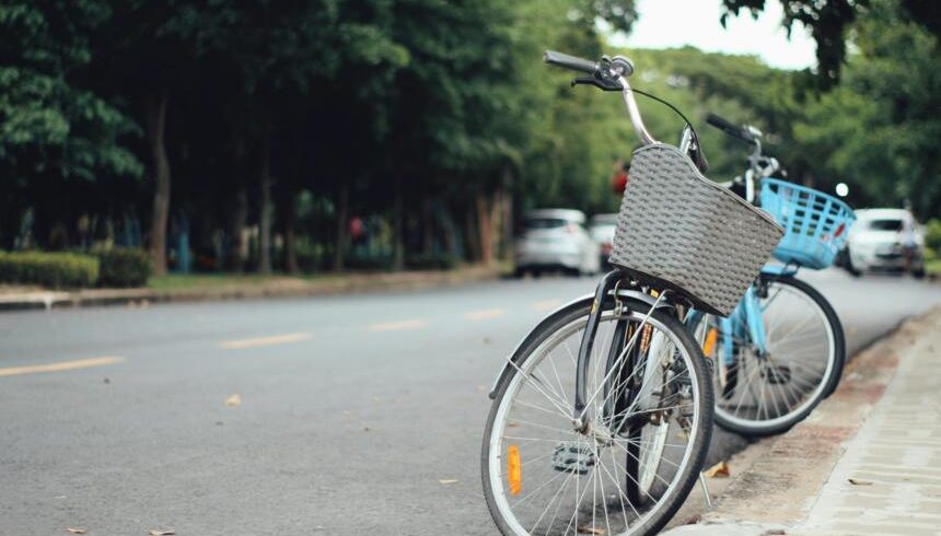 Two bicycles parked by a quiet street with trees.
