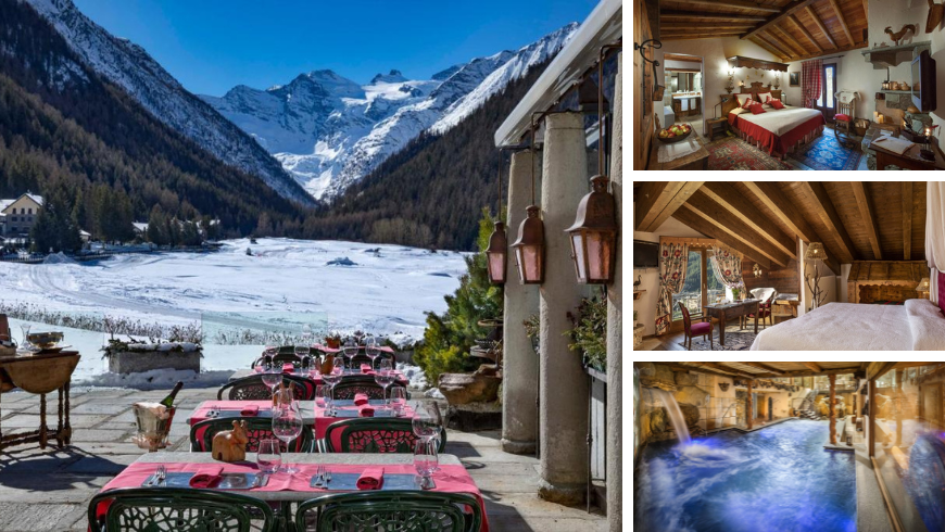 terrace with views of snow-capped mountains, indoor swimming pool and bedrooms