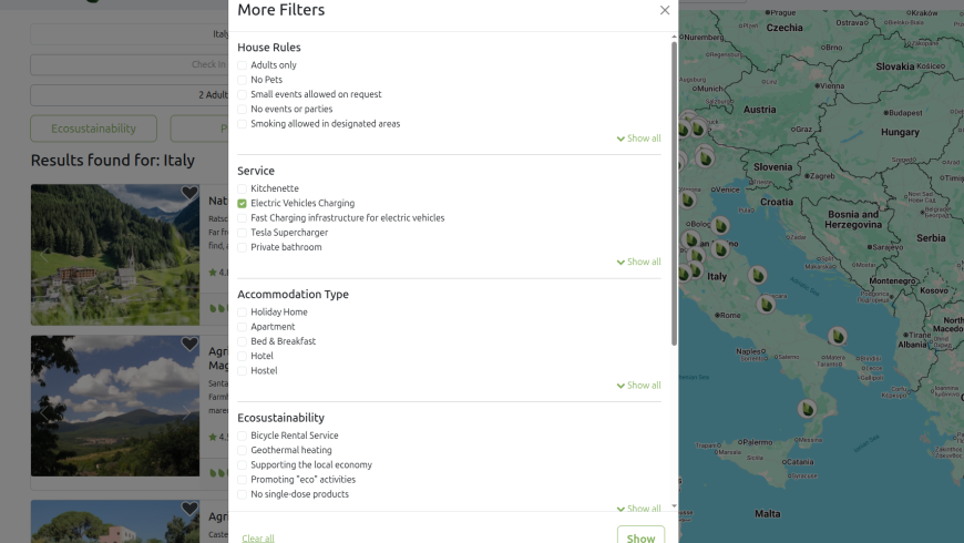 Map of EV-friendly accommodations on Ecobnb offering charging services for guests traveling by electric car.