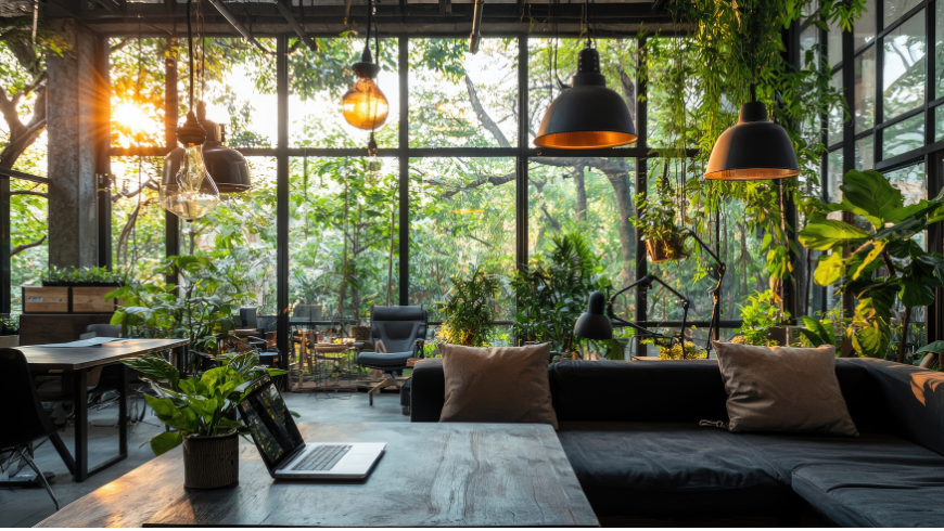 A sun-drenched, lushly-planted workspace with industrial design with solid greenery space inside.