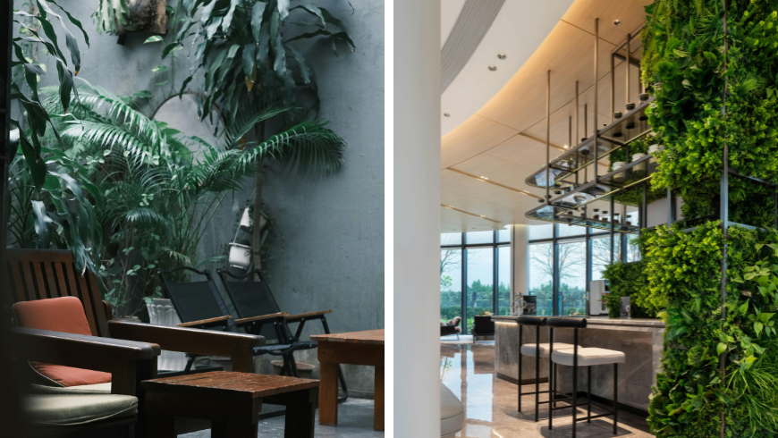 Indoor Garden Lounge with Tropical Plants and Elegant Indoor Space with Vertical Garden