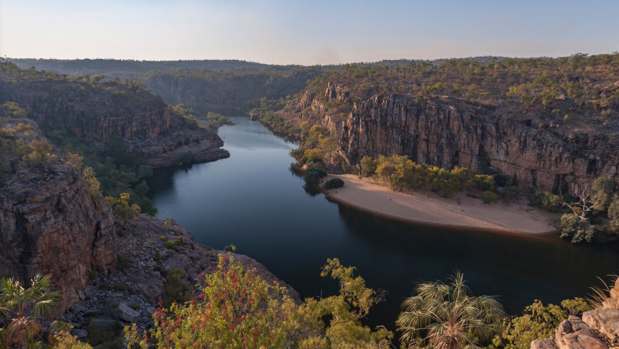 Worldheritage Kakadu valley, mountains and river with trees around it