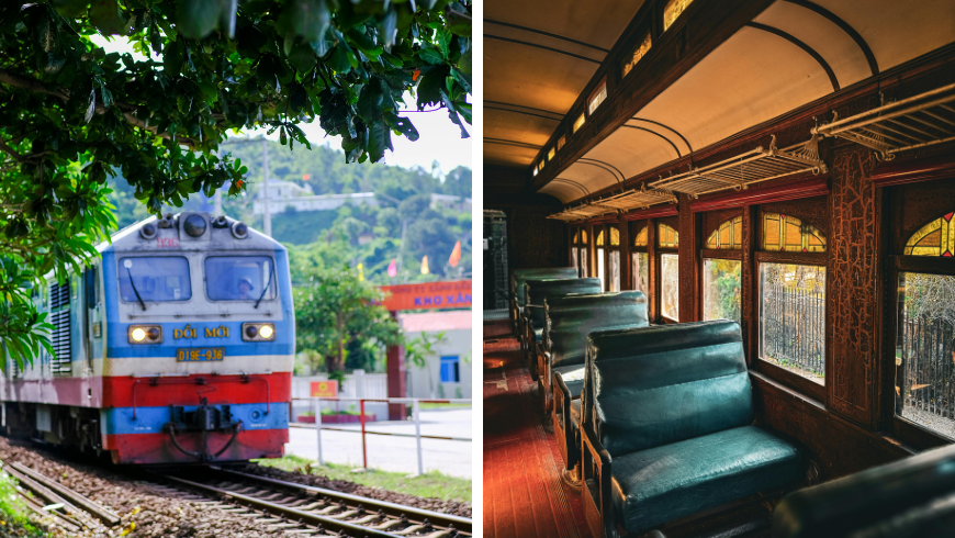 Scenic Train Journey in Hue, Vietnam and Vintage Train Car Interior with Sunlit Windows