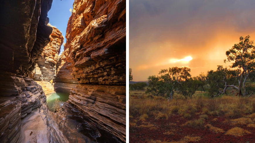Dramatic Sandstone Gorge in Karijini National Park and sunset time in the Karijini National Park, Western Australia