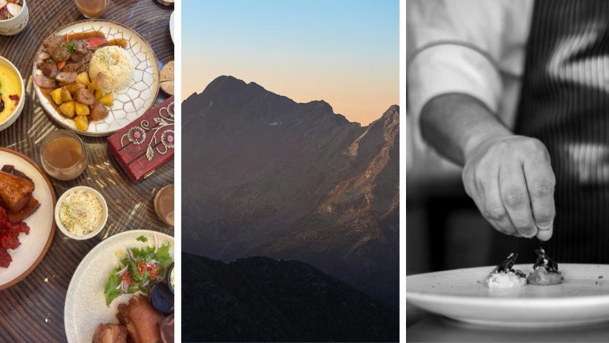 dishes with mountain food and chef decorating a dish