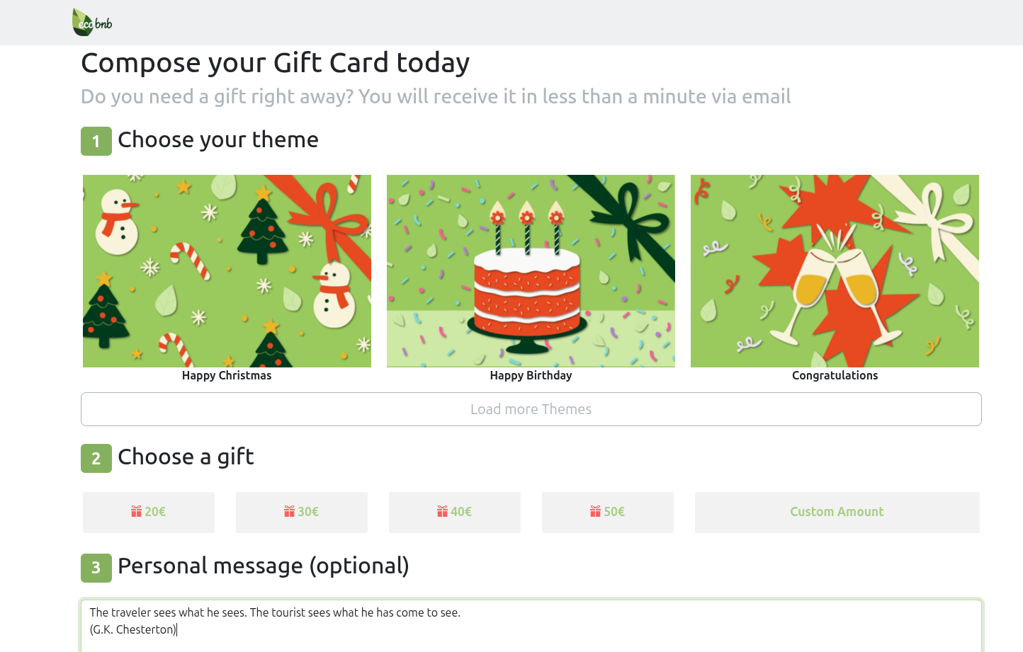 When creating your Ecobnb gift card, you can include your favorite travel quote.