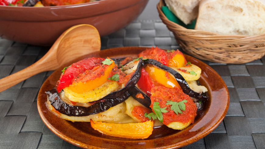 Traditional Mallorcan tumbet dish with layered vegetables