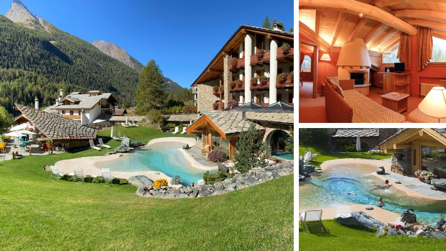 swimming pools and interior with wooden structure and fireplace