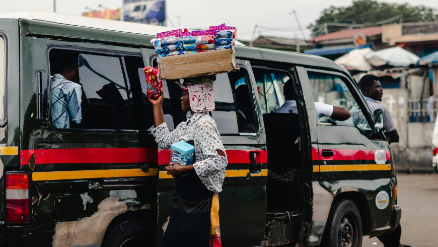 Trotro minibus public transport in Ghana street scene.