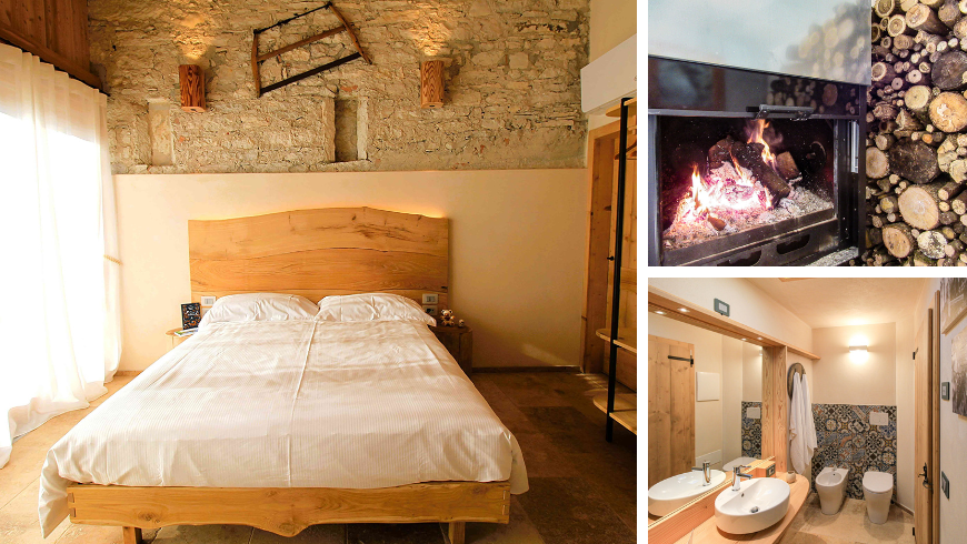 Room with natural materials and fireplace at Cargador agriturismo