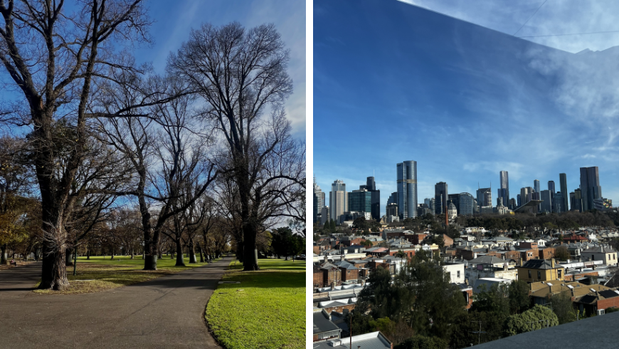 Park with trees and walking path, rooftop view of a Fitzroy neighborhood in Melbourne