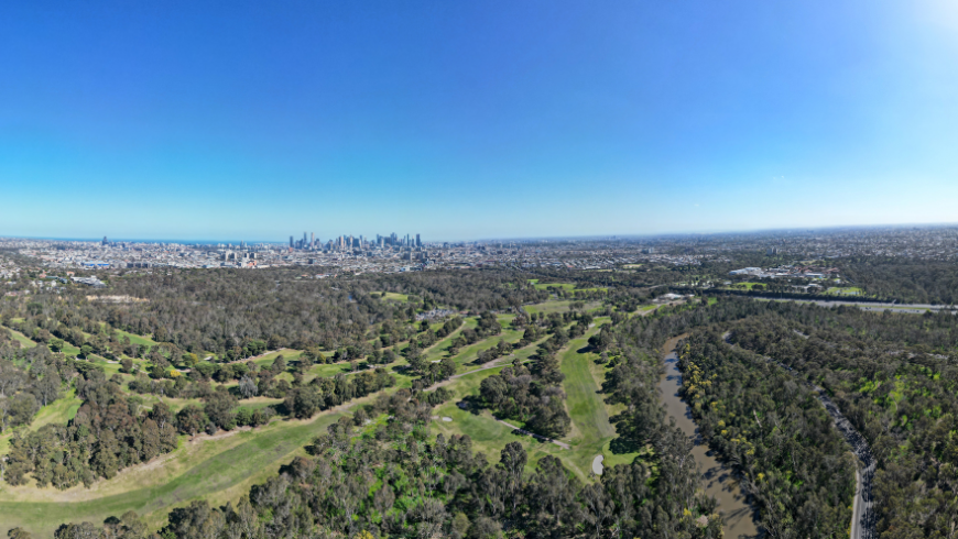 Aerial panorama of Yarra Bend Park facing Melbourne