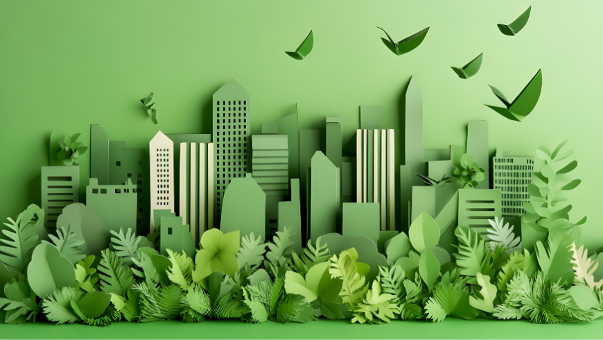 Simplified paper art style artwork of a green city skyline blend