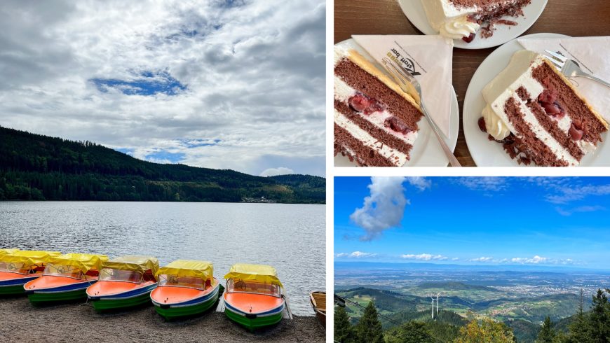 Gallery of three images: on the left, a cloudy landscape on Lake Titisee with colorful boats; on the right, a photo of three slices of Schwarzwälder Torte and a photo of the landscape in the hills near Freiburg