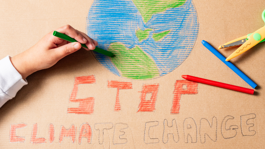 drawing of earth and stop climate change message representing climate solutions