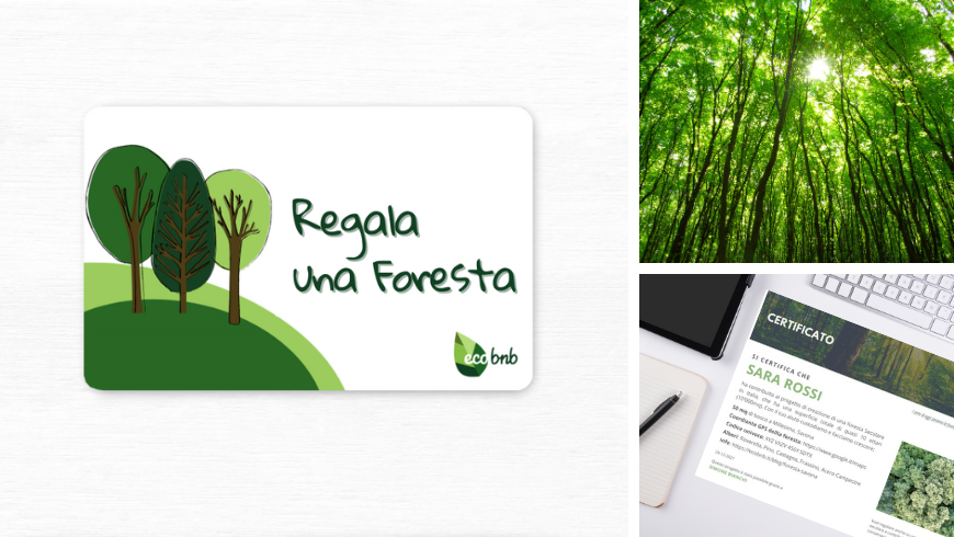 An Ecobnb gift card with the wording “Regala una Foresta” alongside images of a dense green forest and a certificate supporting forest protection projects in Italy.