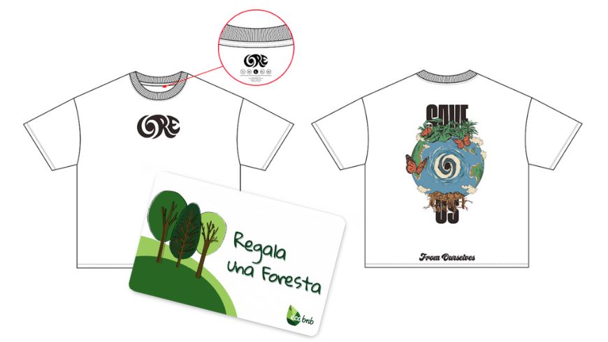 An illustration of a CO2-neutral T-shirt made from organic cotton with graphic prints on the front and back, combined with an Ecobnb “Regala una Foresta” gift card.