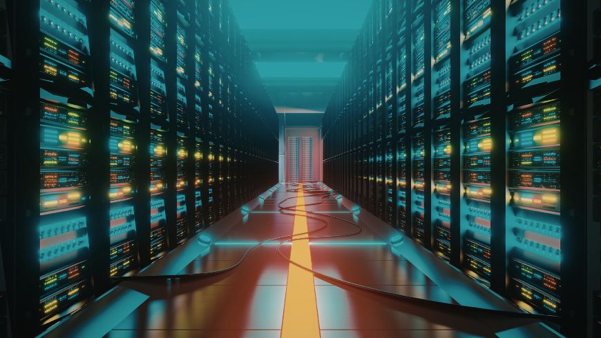 data center with lights on, energy-hungry