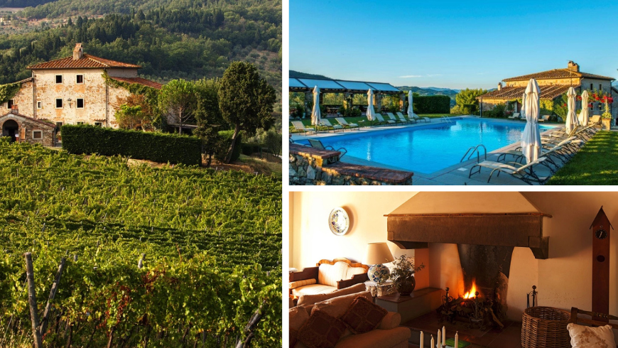 View of the farmhouse from the vineyard, pool near the farmhouse during sunset and common room with traditional couches and a big traditional fireplace