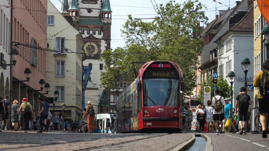 Tram line through the streets of Freiburg’s historic city center. 