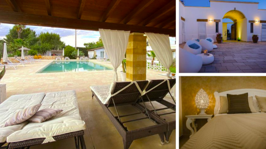 Tenuta Flora Maria in Italy: Photos of the garden with in-ground pool and of the bedroom. 