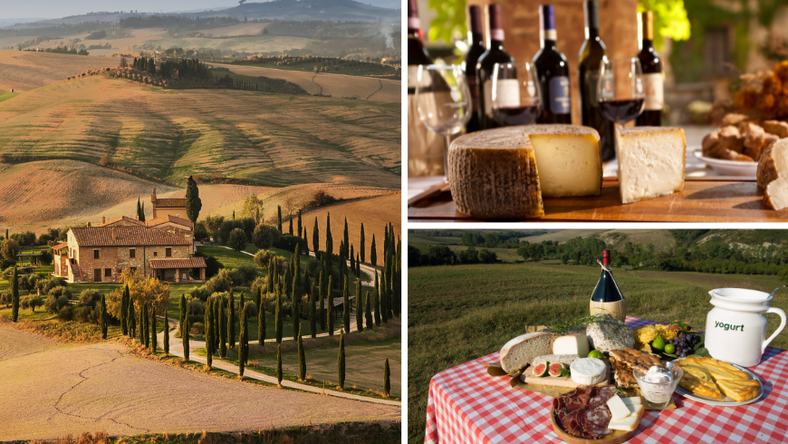View of a typical tuscan farmhouse and the surrounding hills, traditional cheese and other products with organic wine
