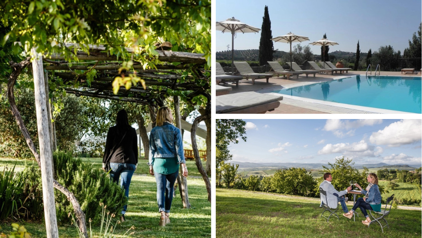 Two women walking in the garden under beautiful trees, the pool of the farmhouse and a couple cheering with a view of the green hills