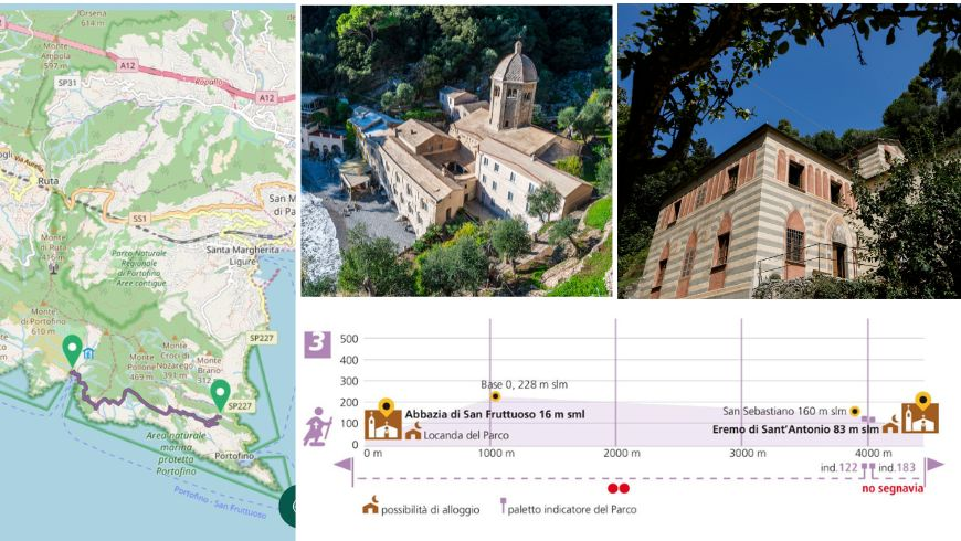 Map and elevation profile of the trekking route from San Fruttuoso to Niasca in Portofino