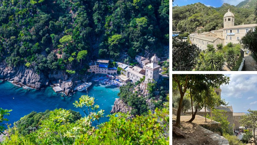 San Fruttuoso Abbey nestled between forest and sea in Portofino Natural Park