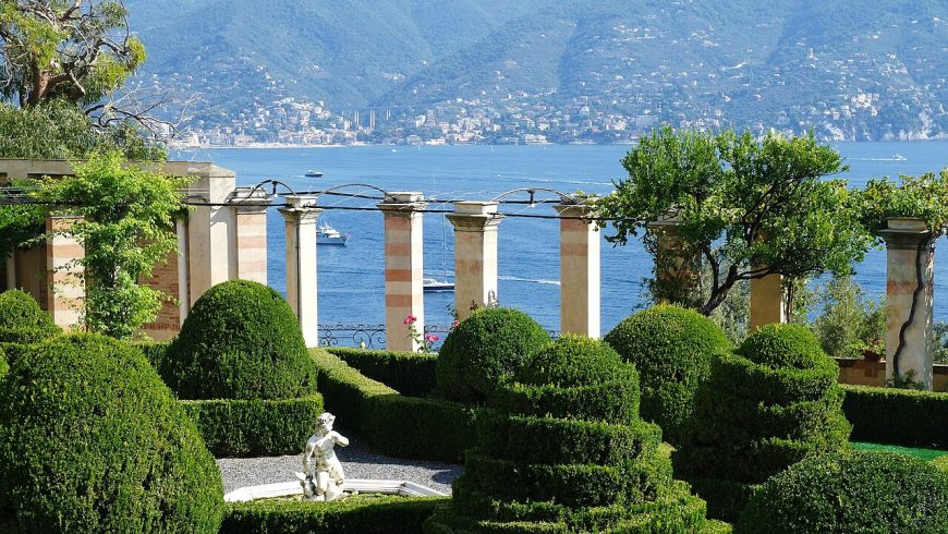 Sea view garden and historic architecture of La Cervara Abbey in Portofino