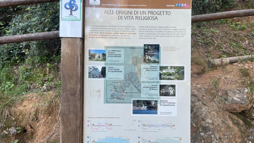 Explanatory sign along the monks of the mountain trail in Portofino Natural Park for a 2 day portofino trekking itinerary