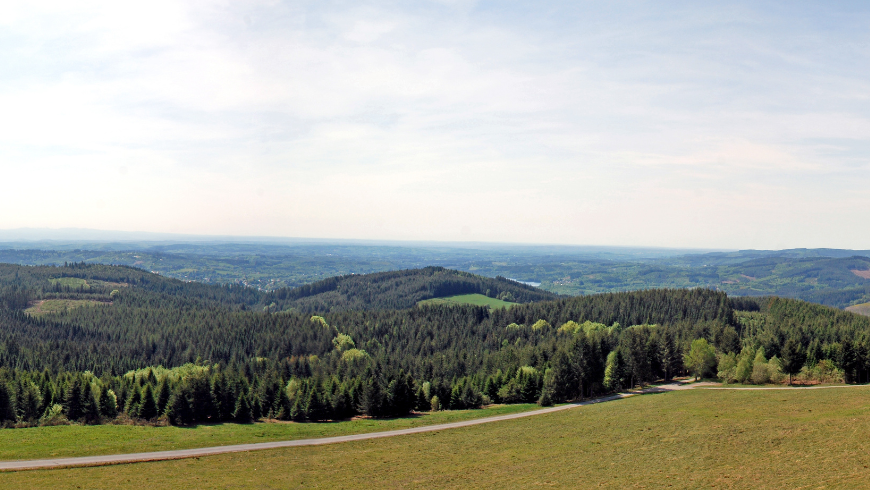 Landscape of Millevaches Regional Park with forests and hills in the Creuse, France