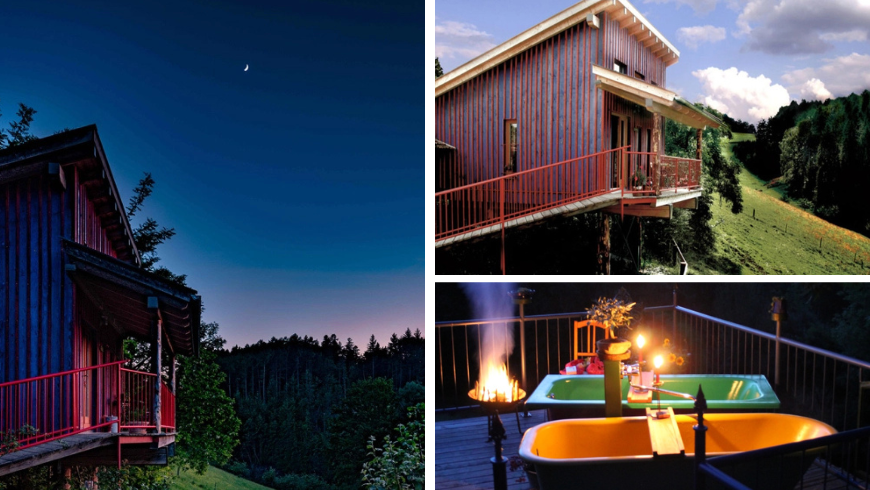  House on stilts and tubs on the outdoor balcony