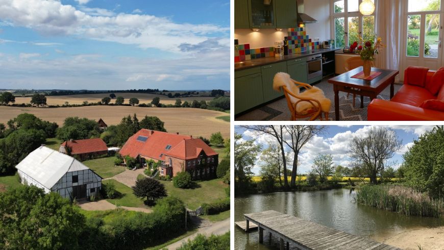 Houses immersed in a stretch of fields, lake, and house interior