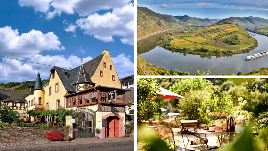  Castle, river, and table among plants in the heart of germany.
